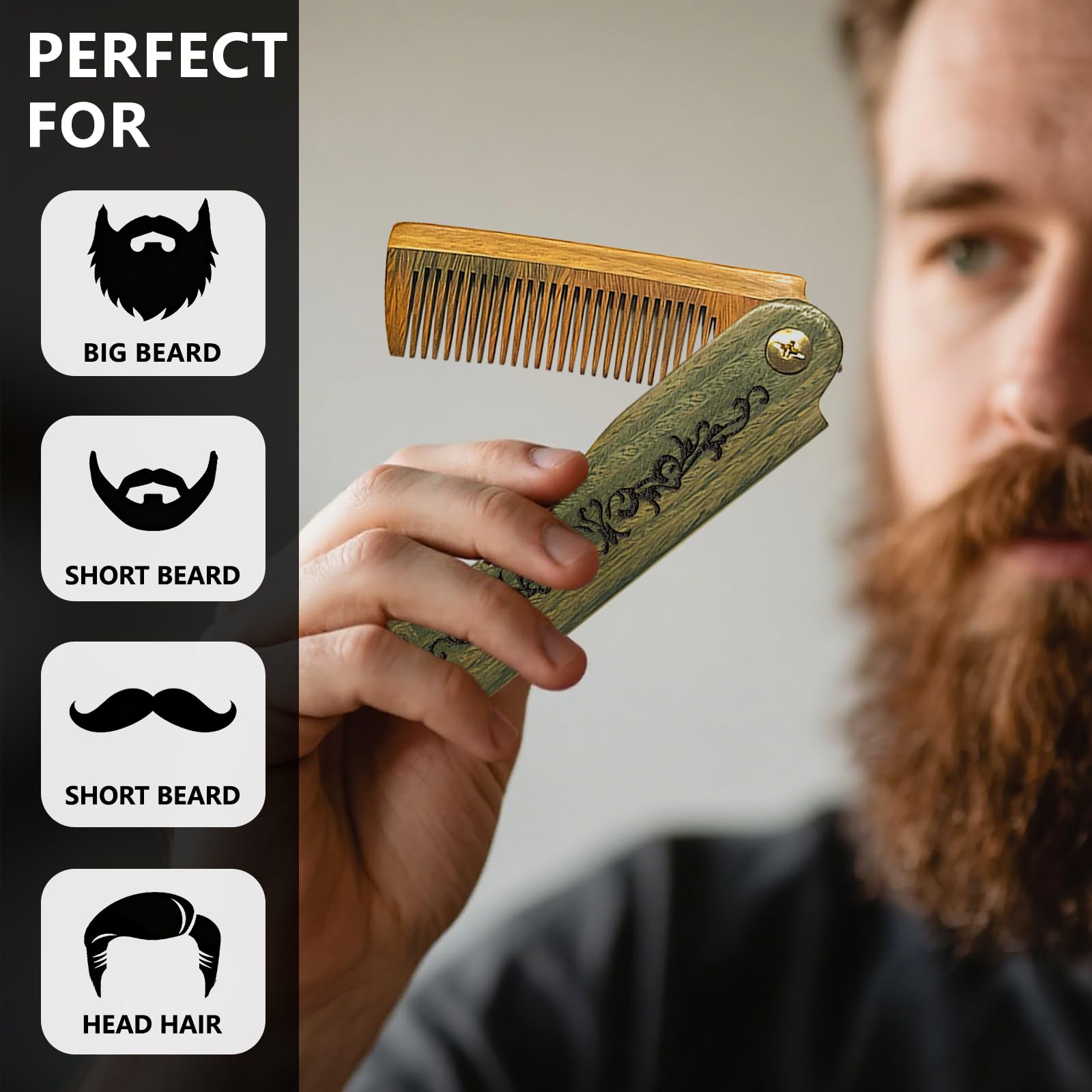 CHGCRAFT Retro Pattern Folding Wooden Comb, Carved Fine Tooth Hair Comb with Imitation Leather Protective Cover for Men Beard Mustache Grooming, Travel Pocket Comb Gift for Husband