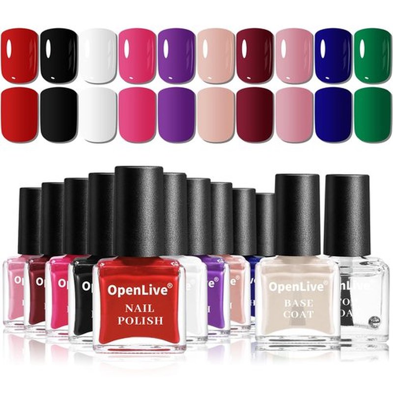 OpenLive 12 PCS Nail Polish Kit With 10 Colors As 2 PCS BASE And TOP Coat Green Blue Red Pink Collection Gifts for Women.
