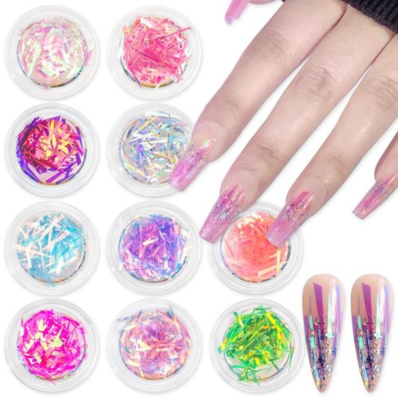 SILPECWEE 12 Boxes Glass Nail Foil Cellophane Aurora Nail Art Foil Sheets Glass Paper Laser Nail Stickers Iridescent Nail Designs Stickers Holographic Nail Film 3D Nail Decoration