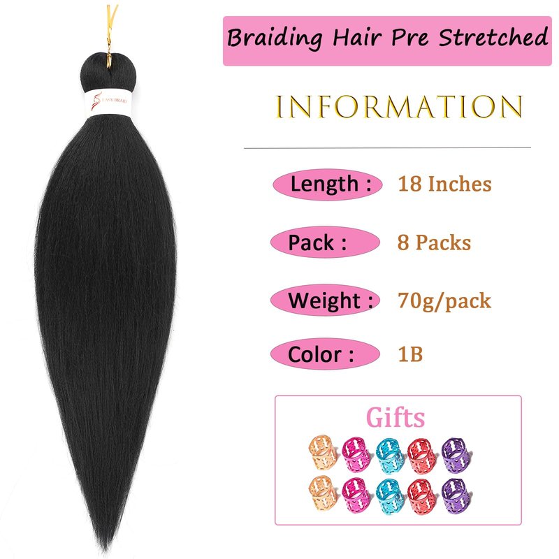 Zoewan Pre-Stretched Braiding Hair - 18 Inch 8 Packs, Soft & Itch-Free Synthetic Hair for Braiding, Yaki Texture, Heat Resistant for Hot Water Styling, Easy to Install (18", Color 1B)