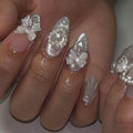 Hkanlre Medium Flower Press on Nails Pearl Rhienstones Fake Nails Tips Full Cover Almond False Nails for Women 24PCS