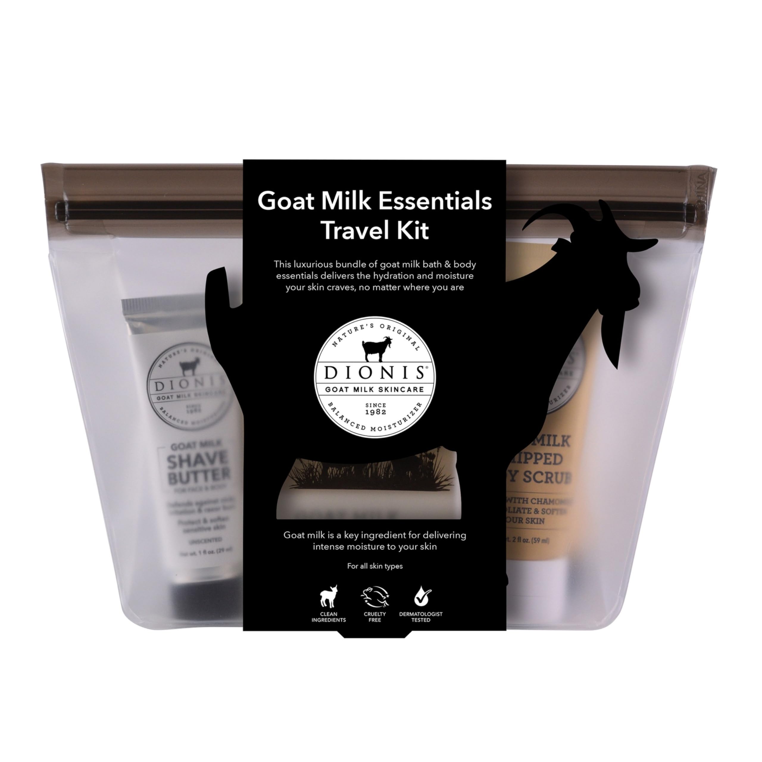 Dionis Goat Milk Vanilla Bean Hand Cream, Body Lotion, Whipped Body Scrub, Shave Butter, Bar Soap 6 oz & Carrying Case 6-Piece Travel Set