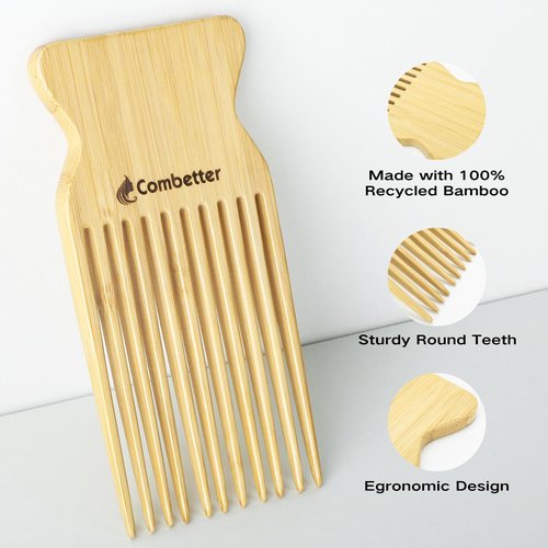 Combeter Bamboo Hair Pick Comb for Thick Curly Hair & Beard – Eco-Friendly Anti Static Afro Pick Wooden Comb for Detangling & Styling for Men, Women & Kids