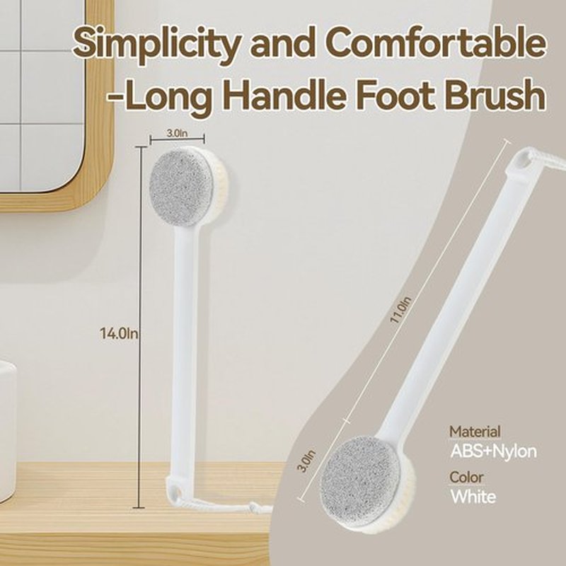 Foot Pumice Stone for Feet, 2 in 1 Foot Pumice Scrubber for Wet or Dry Brushing, Dead Skin Remover, Long Handle Foot Cleaning Brush for Senior, Pregnant, Disabled, or Injured, Box Packed(White)