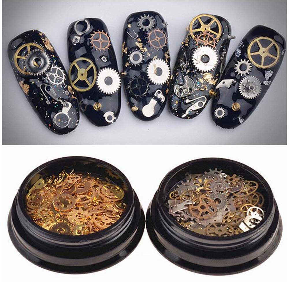 XINGZI 2Box (200-300PCS) Mixed Pattern Ultra-thin 3D Metal Steampunk Gears Charms DIY Pendant Clock Watch Wheel Gear Nail Studs Nail Art Decorations Alloy Manicure DIY Nail Tips Accessories