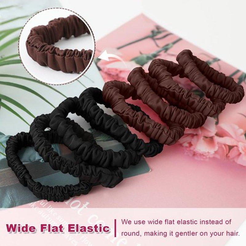 8Pcs Mulberry Silk Scrunchies Set, Silk Hair Ties Elastic for Women, Skinny Scrunchies Reduces Breakage for All Hair Types Srevela (4*Black, 4*Brown)