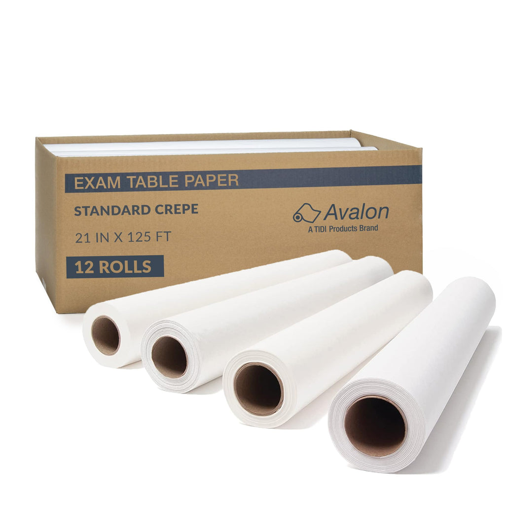 TIDI 617 Avalon Exam Table Paper, White, 21” x 125’ (Pack of 12) ― Standard Crepe Paper ― Hygienic Barrier ― for Medical Offices, Exam Rooms, Daycare Centers, Spas, Tattoo Studios ― Medical Supplies