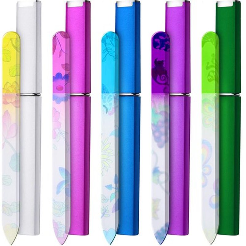 Mudder 5 Pack Glass Nail File with Case for Women Double Sided Crystal Fingernail File for Natural Nails Manicure Care Valentines Galentines Gift(Classic Pattern)