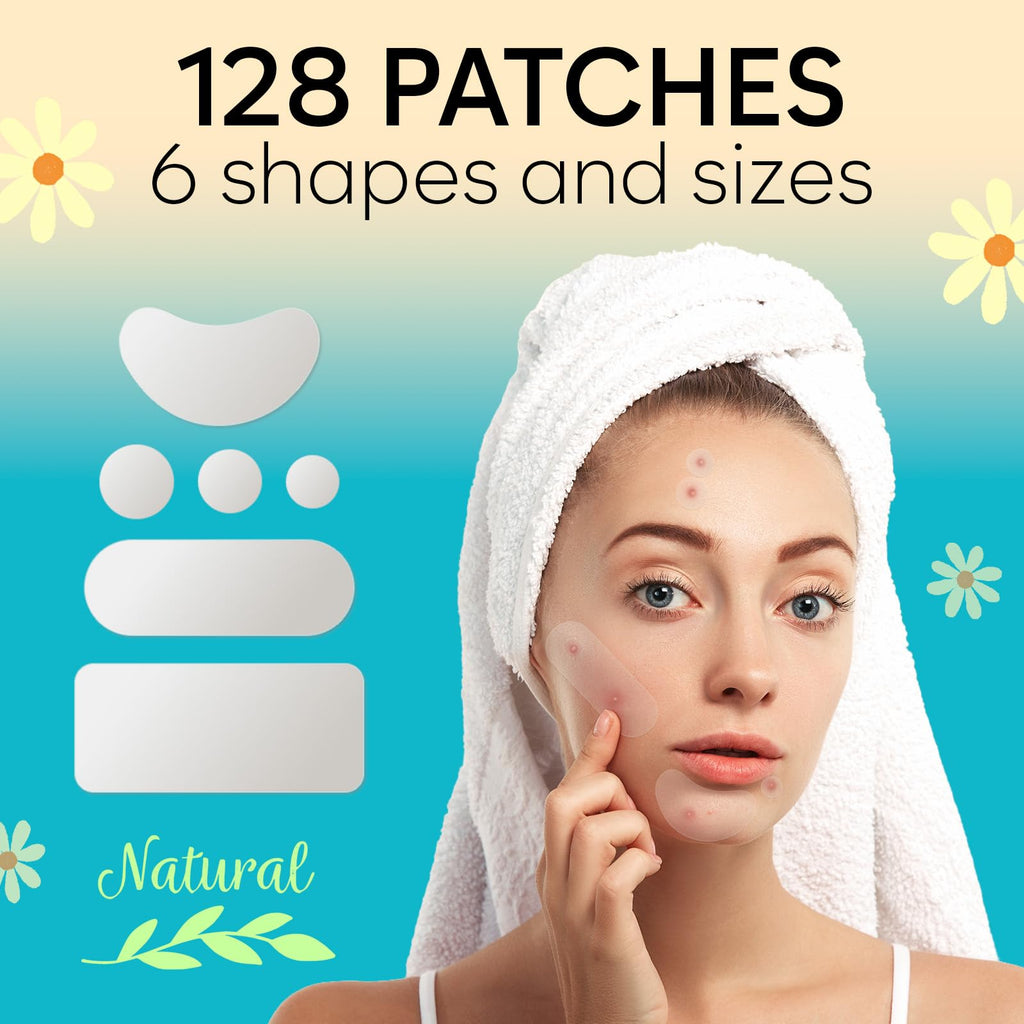BLOOMORA Large Pimple Patches for Face, Hydrocolloid Pimple Patches, Variety Shapes Zit Stickers, Pimple Spot Care, Pimple Spot Care, Round, Moon, Rectangle, Oval (6 Sizes, 128 Count)
