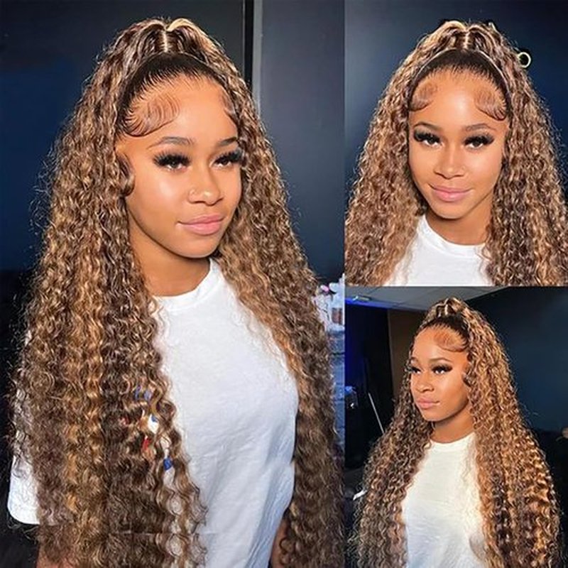 Cfaimity 13x6 Highlight Ombre Lace Front Wigs Human Hair P4/27 Honey Blonde Lace Frontal Wigs 180 Density Colored deep Curly HD Lace Front wigs Human Hair Wig Pre Plucked with Baby Hair 24Inch