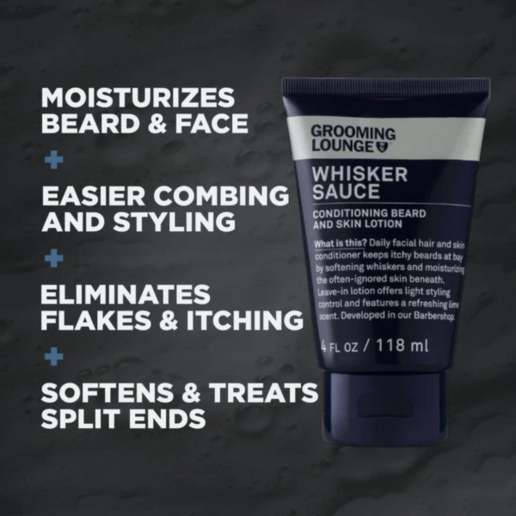 Grooming Lounge Whisker Sauce Beard Conditioner - Conditioning Beard and Skin Lotion - Eliminates Itching and Flaking - Enables Easy Combing and Styling - No Parabens - Cruelty Free - 4 oz