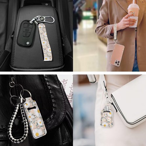 Suobstales Daisy Flower Pattern 3 PCS Travel Bottle Keychain Holders Set Neoprene Lipstick Wristlet Keychain Elastic Chapstick Keychains Holder