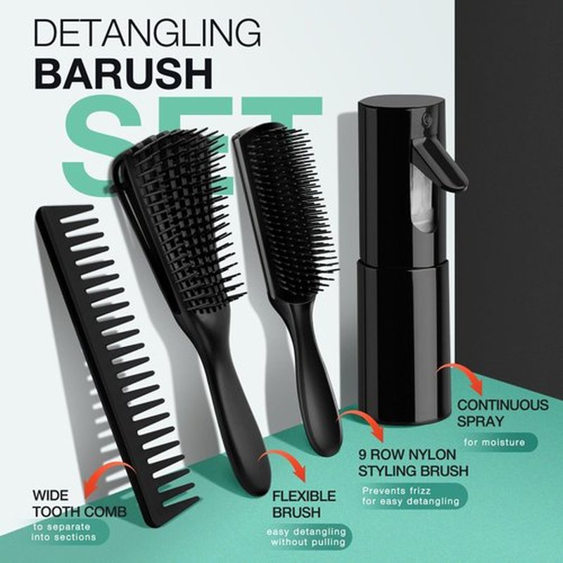 Hommtina 4pcs Detangling Brush Set Getting Shine and Makes Hair Smooth, Curly Hair Brush for Adult & Kids Wet or Dry Hair (3 PCS, Black+Black)