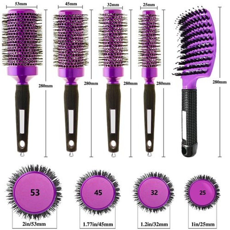Aozzy 5pcs Blow-Drying Round Hair Brush Set - Ceramic, Boar Bristle Brush for Women - Thermal Barrel Brush Set, Styling & Roller Brush for Shiny, Smooth and Bouncy Hair