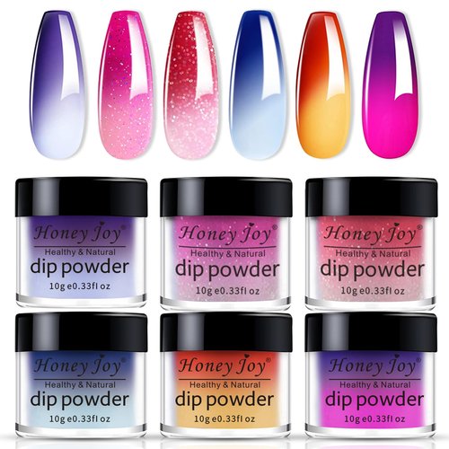 Honey Joy Color Changing Dip Powder Nail Set, Blue White Pink Purple Glitter Ombre Cold Warm Temperature Mood Change Nail Art Manicure DIY, No Nail Lamp Cured 6 PCS (W-3-1-2-8-10-17-10g/box)