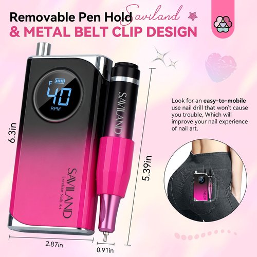 SAVILAND Professional Electric Nail Drill Machine: 40000RPM Rechargeable Nail Drill File with 4000mAh Battery, Ceramic Bit and Sanding Bands for Manicure, Pedicure, Shaping & Acrylic Removal Salon Use