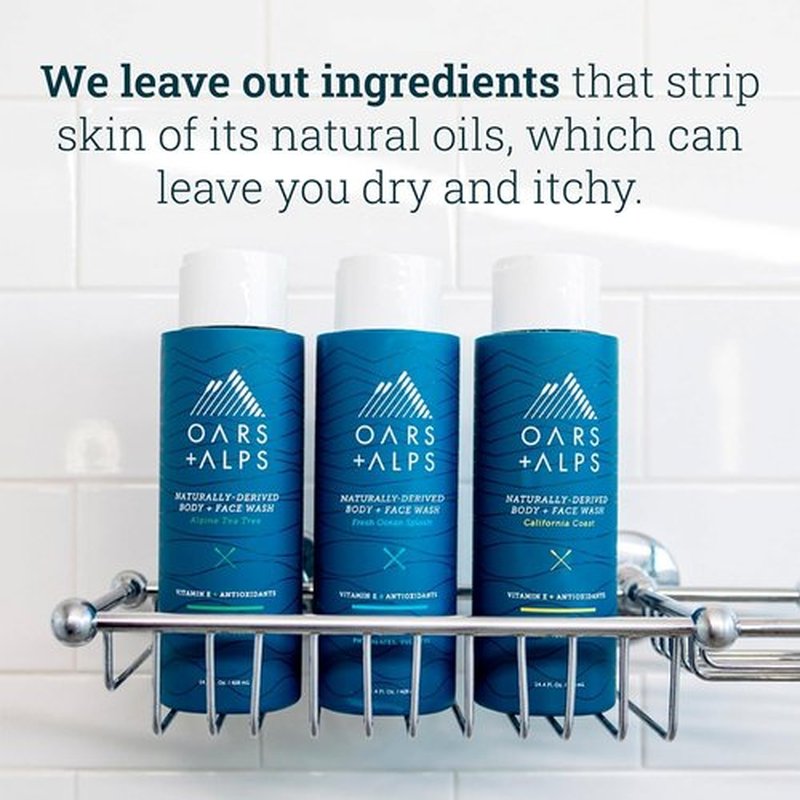 Oars + Alps Mens Moisturizing Body and Face Wash, Skin Care Infused with Vitamin E and Antioxidants, Sulfate Free, Fresh Ocean Splash, Travel Size 3.4oz, 2 Pack