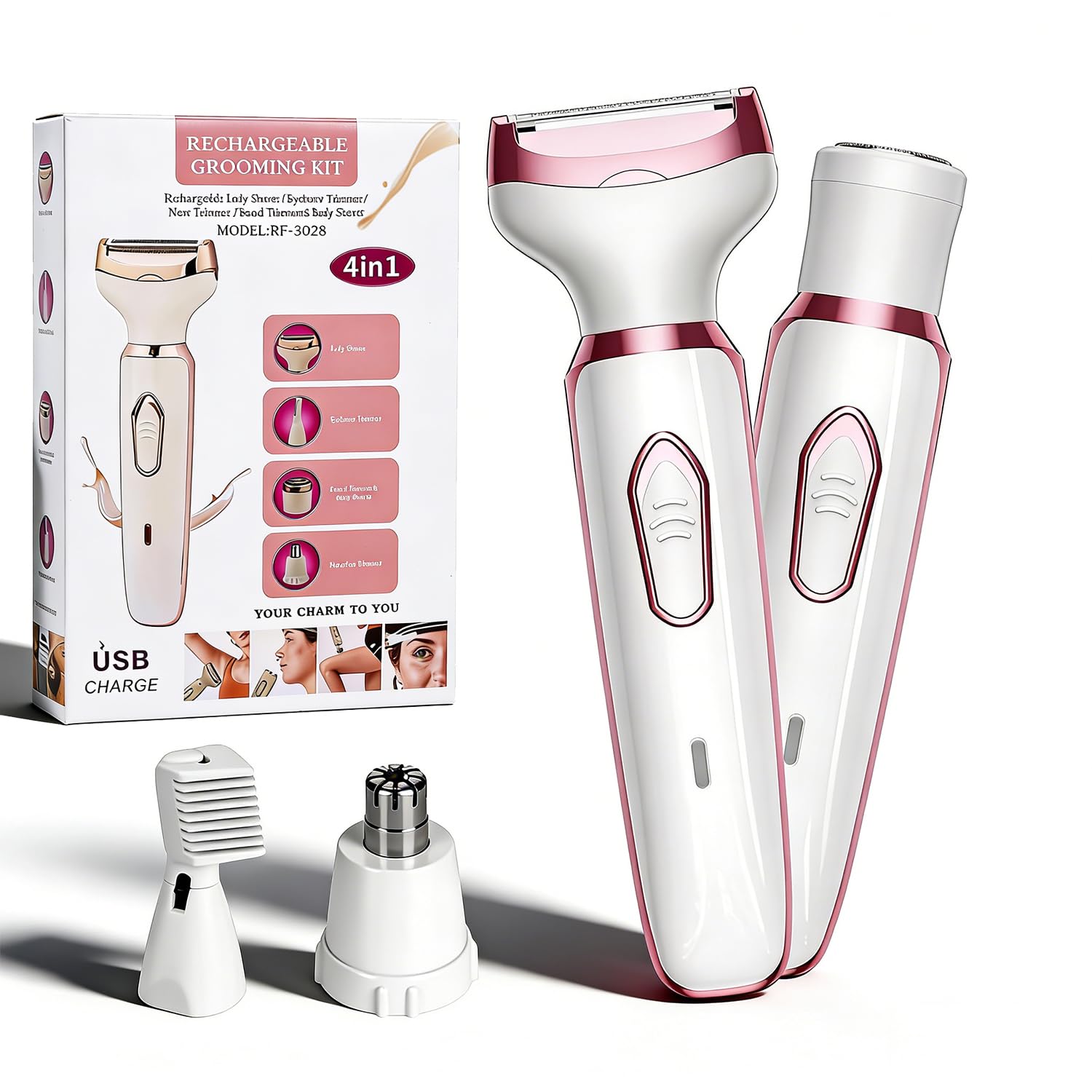 RUIM Women’s Electric Shaver 4-in-1, Painless Hair Remover for Bikini Face & Body, Cordless Wet/Dry Trimmer with Nose & Eyebrow Heads, Fast USB-C Charging, Travel-Ready Grooming Kit