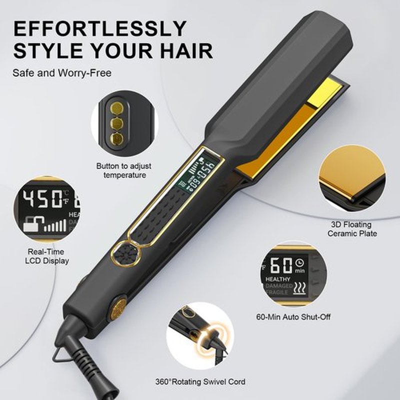 Thirtek Professional Hair Straightener,1.5 inch Ceramic & Titanium Flat Iron,15 Adjustable Temperature Levels,LCD Display, 25s Quick Heat Up,Styling Tools for Thick Hair,Dual Voltage,Black&Gold