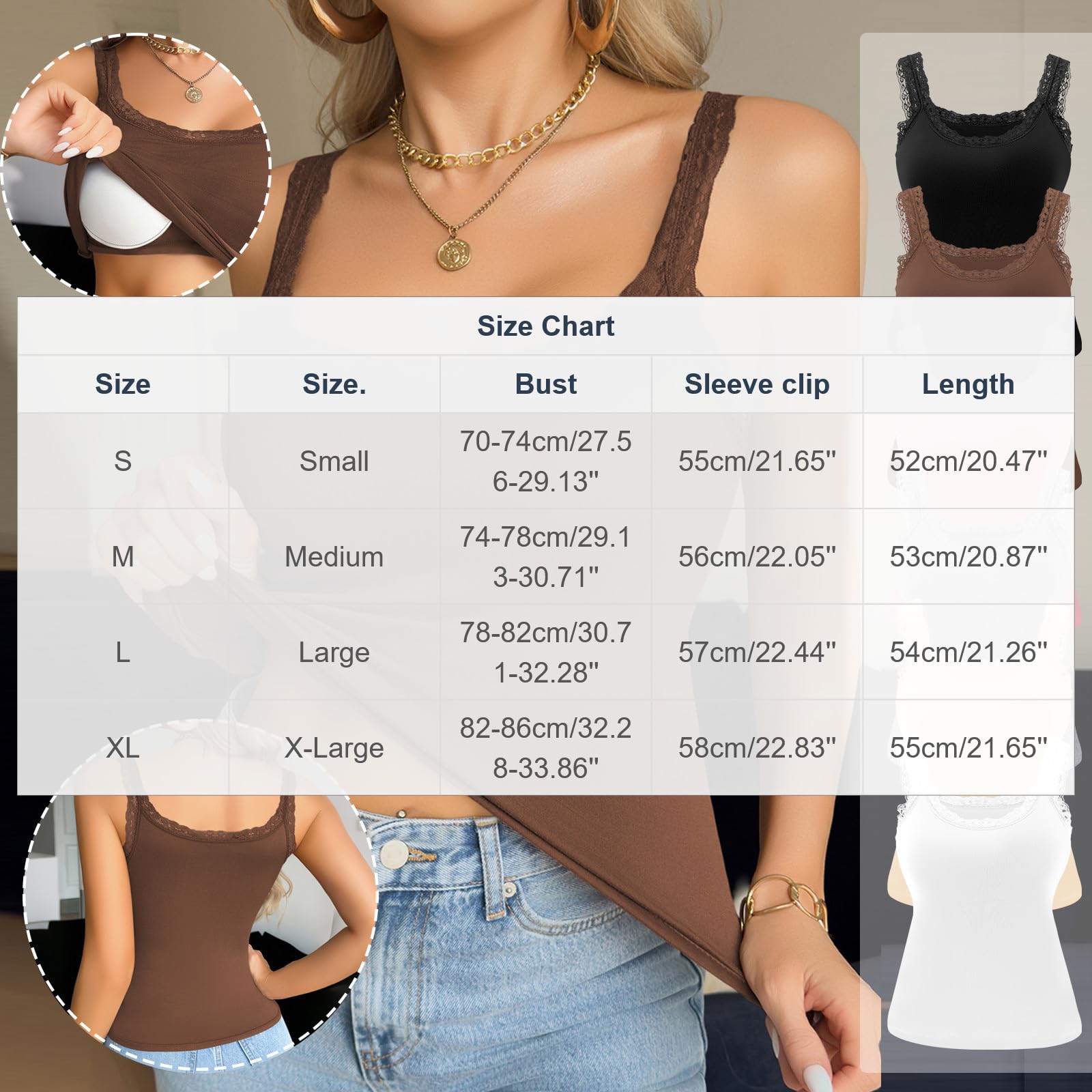 Paghcb Summer Tank Tops for Women with Built in Bra Sexy Lace Trim Padded Camisole Slim Fit Self Bra Cami Shirt Layering Tees