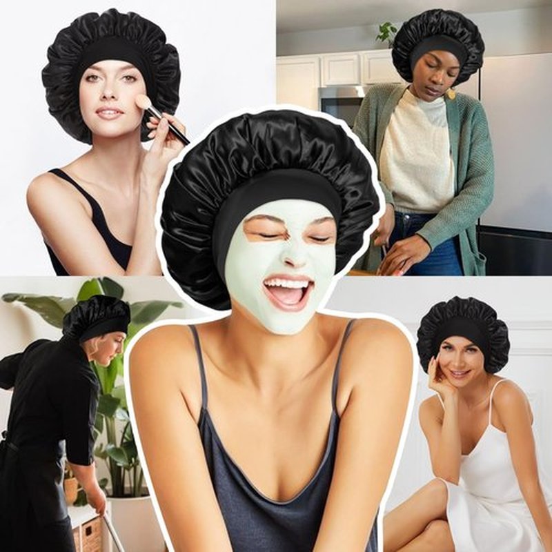 4Pcs Satin Bonnet Silk Bonnet, Hair Bonnet for Sleeping, Elastic Wide Band Silk Sleep Cap, Soft and Breathable(Black Blue Green Brown)