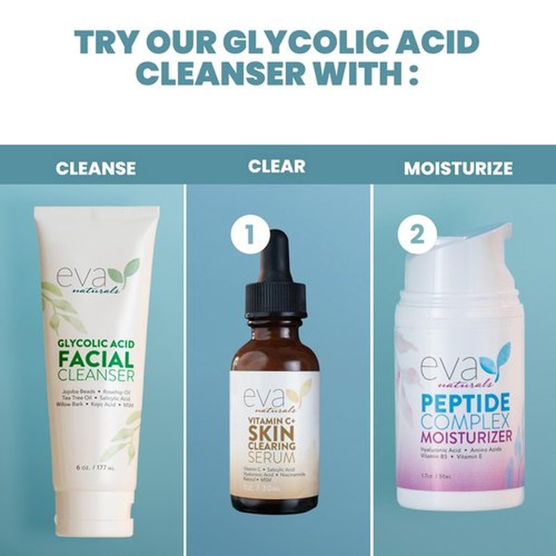 Eva Naturals Glycolic Acid Facial Cleanser – Exfoliating Face Wash with Salicylic Acid, Tea Tree & Vitamin E for Acne, Blackheads, Dark Spots, Wrinkles & Smooth, Clear, Radiant Skin Care - 6 Fl Oz