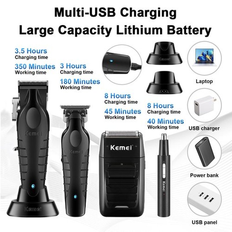 KEMEI Professional Hair Clippers for Men, Cordless Barber Clipper Beard Trimmer Foil Shaver Nose Eyebrow Ear Trimmer Set, USB Charging Complete Electric Hair Cutting Kit with 11 Guide Combs