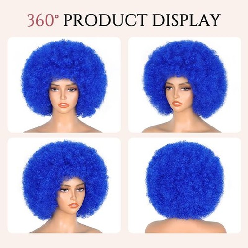 Aminow 70's Afro Wig for Women, Blue Short Afro Kinky Curly Wig, Glueless Synthetic Wig with Bangs, Puffy & Fluffy Bouncy Afro Wig for Daily Cosplay Party