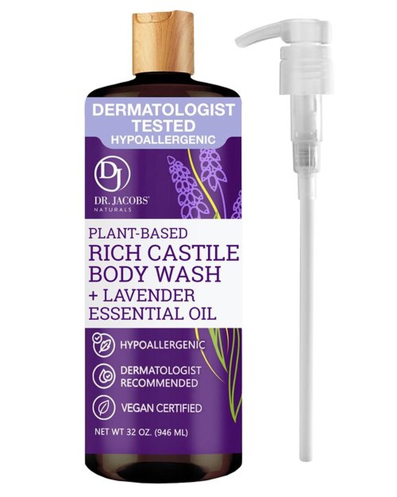 Dr. Jacobs Naturals Castile Lavender All-Natural Body Wash for Moisturizing Dry and Sensitive Skin with Plant-Based Ingredients with Pump - 32 Ounce