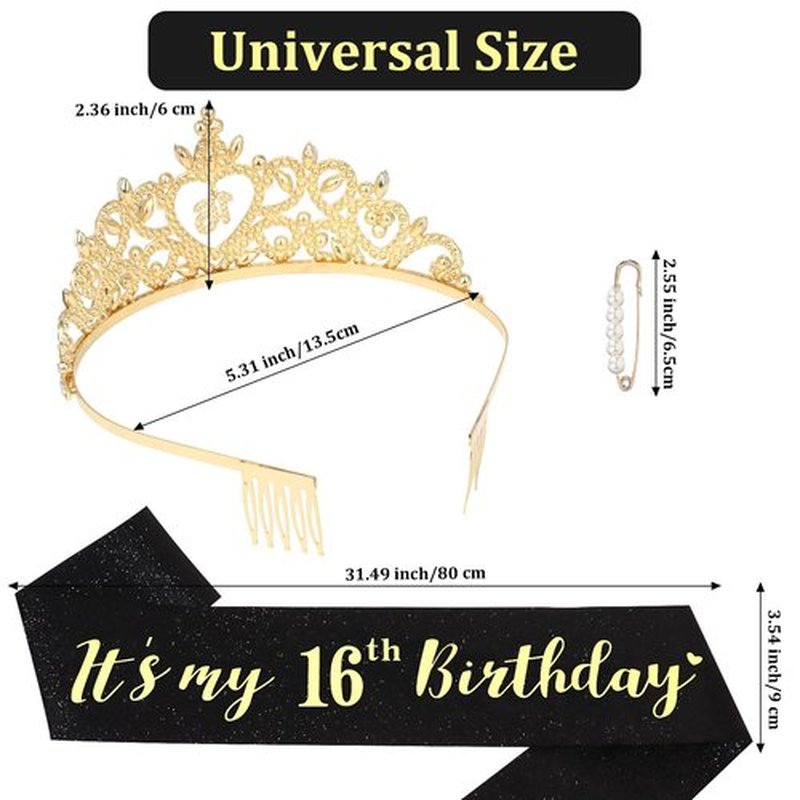 Araluky Sweet 16 Party Decorations: Purple Sweet 16 Crown & Sash for Girls' Teen, 16th Birthday, Teenage Girls, Females 16+
