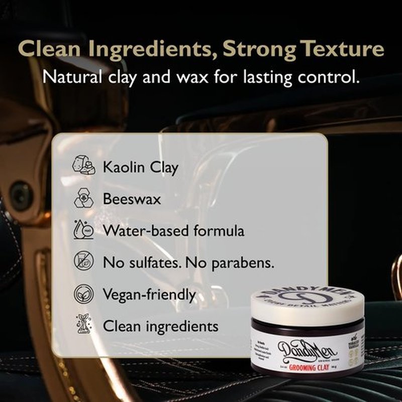 DandyMen Grooming Clay – Strong Hold, Natural Matte Finish, and Flexible Styling with Kaolin Clay & Beeswax – Tobacco Vanilla Scent – 3.4 oz (1-pack)