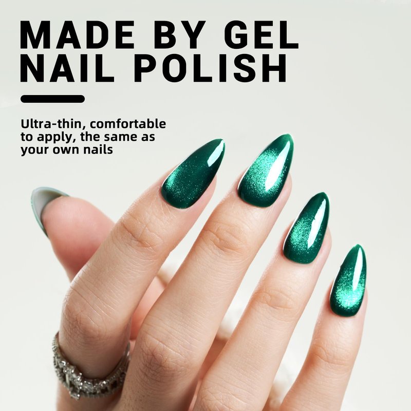 Wooyas Cat Eye Press on Nails, Forest Green Shimmer Almond Medium Handmade Press Ons, Glossy Salon Perfect Magnetic Gel Nails in 12 Sizes - 24 Pcs False Nails Kit for Women Christmas