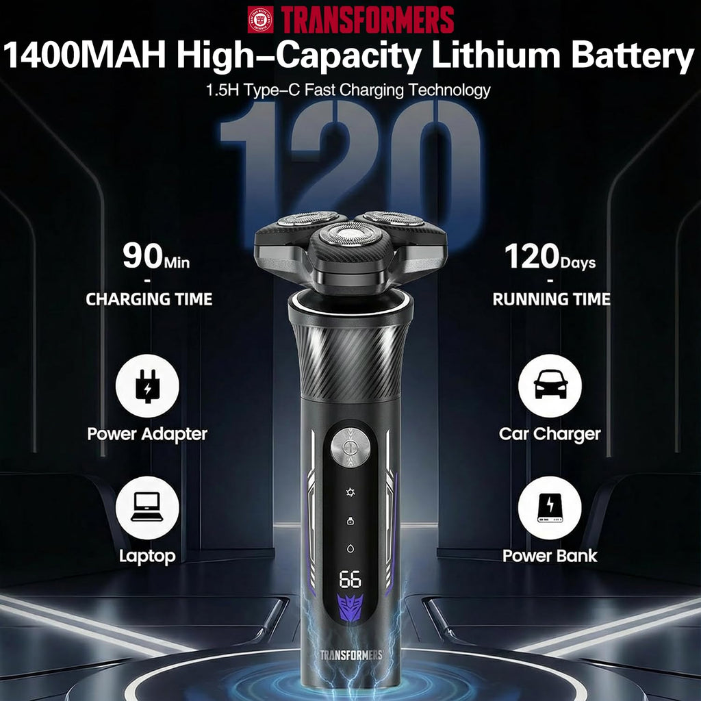 TRANSFORMERS Electric Razor for Men, 2-Speed Adjustable Shaver, IPX7 Waterproof, USB-C Fast Charging, LED Display, Smart Anti-Snag Beard Trimmer for Sensitive Skin, Mens Grooming Gift (Black)
