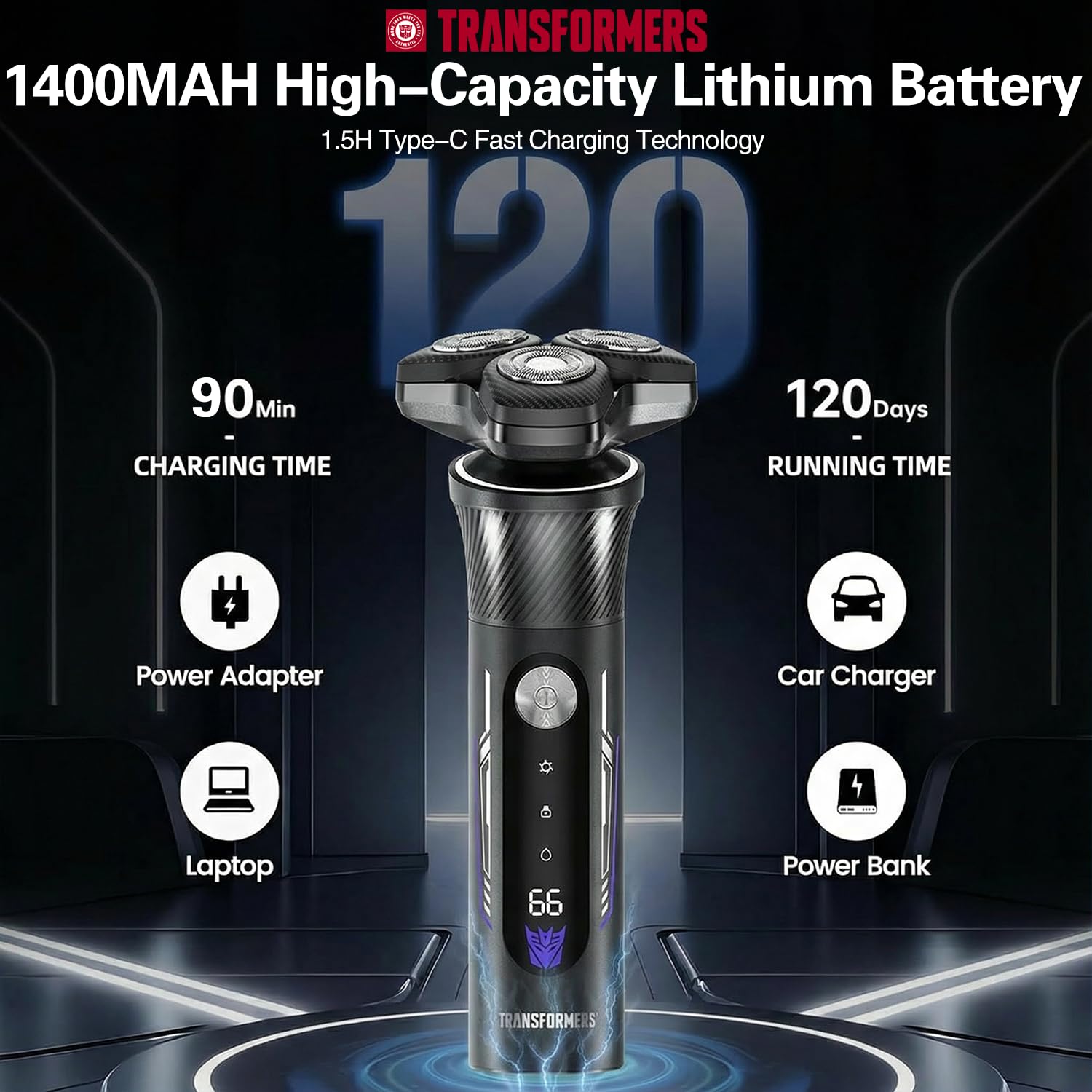 TRANSFORMERS Electric Razor for Men, 2-Speed Adjustable Shaver, IPX7 Waterproof, USB-C Fast Charging, LED Display, Smart Anti-Snag Beard Trimmer for Sensitive Skin, Mens Grooming Gift (Black)