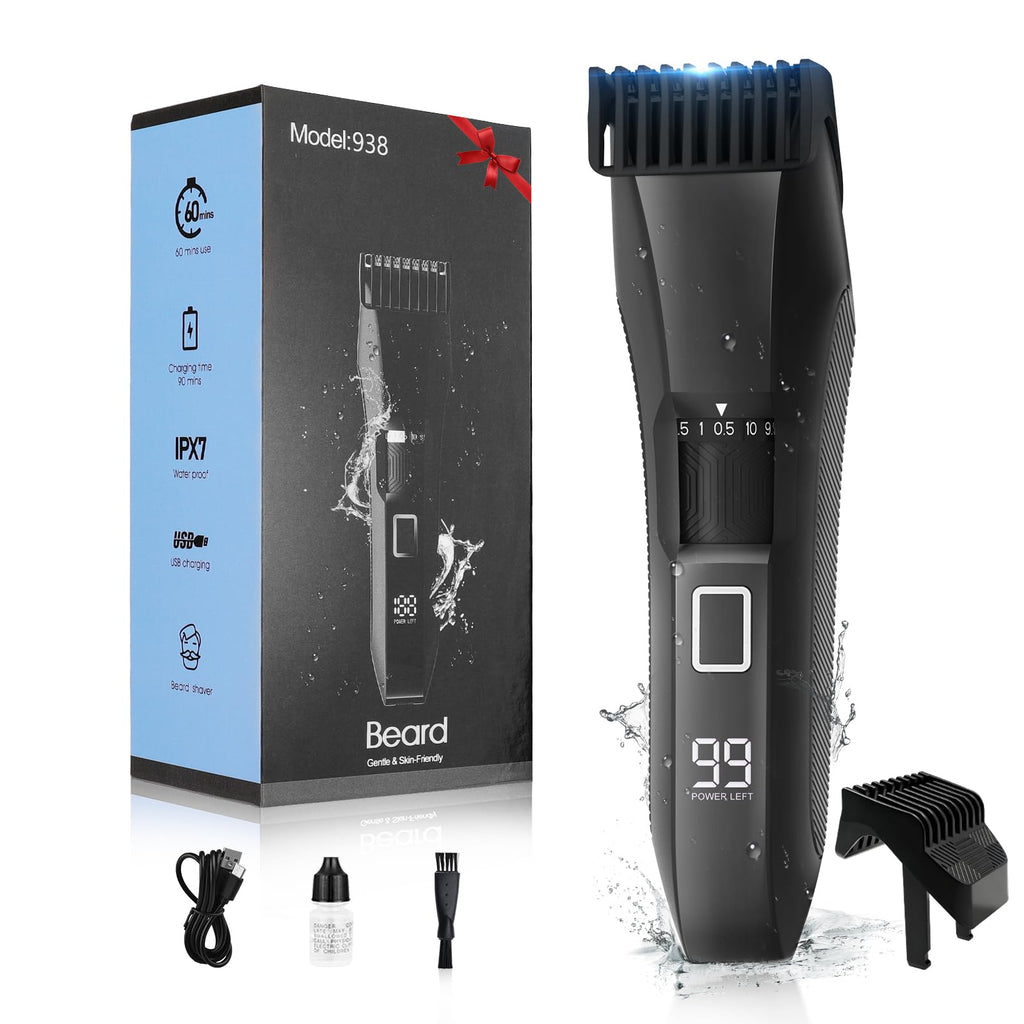 Beatslm Men's Beard Trimmer, 20 Length Adjustable, All-in-One IPX7 Waterproof Clippers, Stainless Steel T-Blade for Precision Facial Hair Trimming with 2 Adjustable Combs, Travel Lock, LED Display