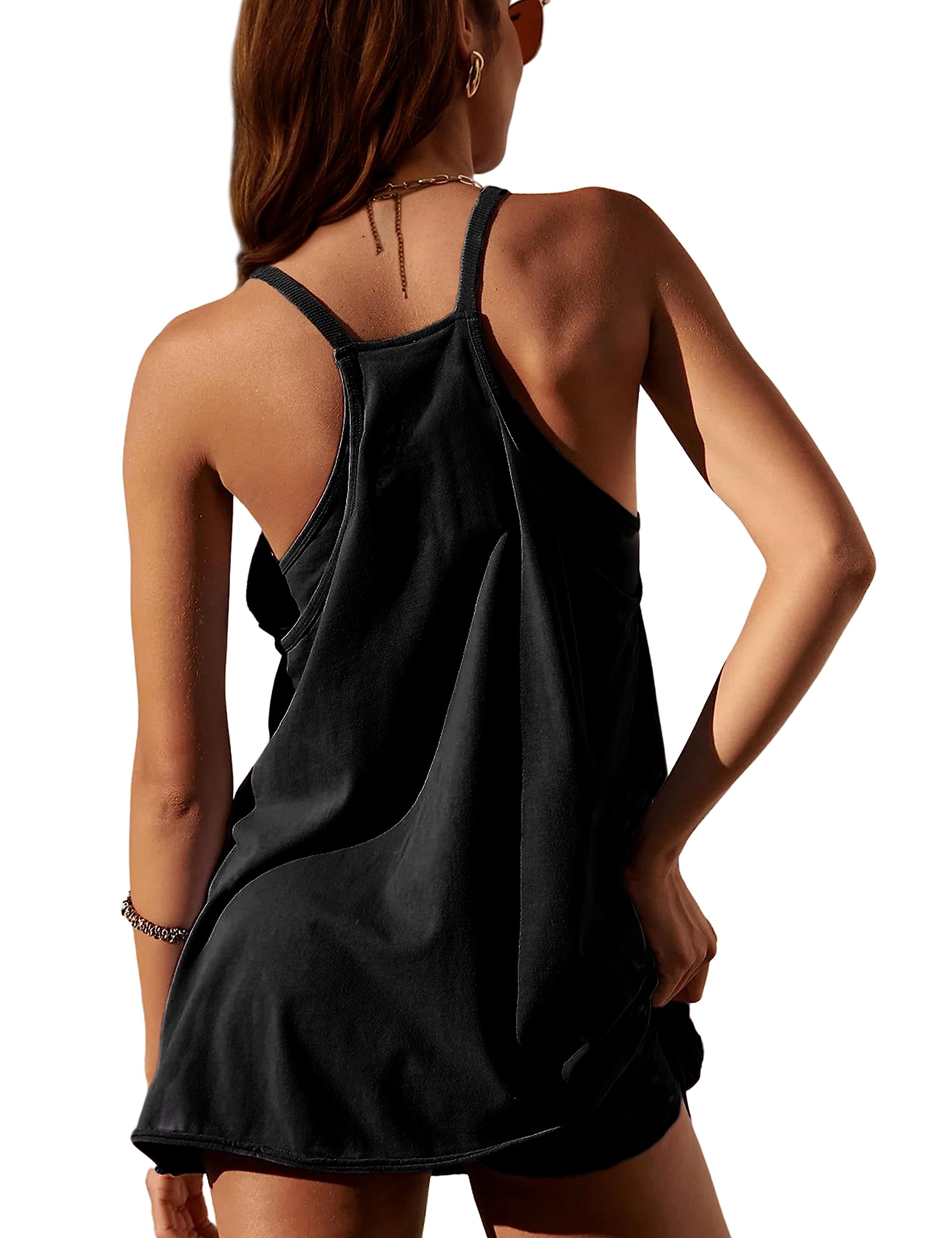 Lentta Womens Athletic Sleeveless Mini Dress with Built-in Shorts V Neck Spaghetti Strap Sundress(Black-M)