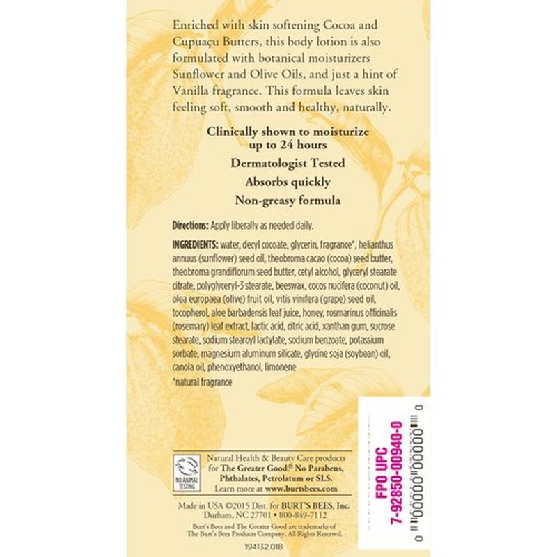 Burt's Bees Body Lotion - Cocoa & Cupuacu Butters for Deep Hydration | 0.45 lb (Pack of 2)