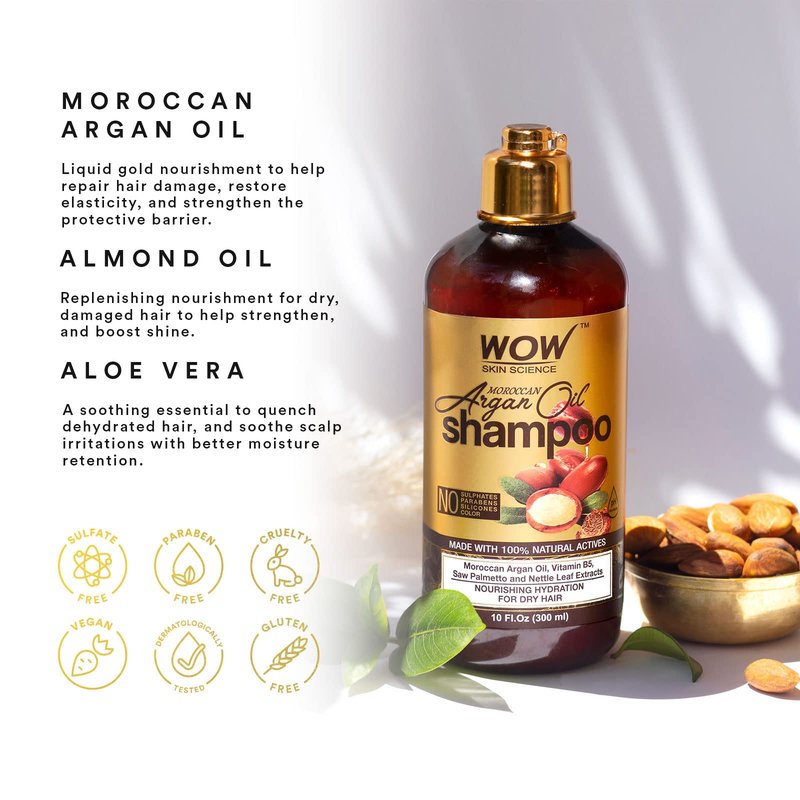 WOW Skin Science Moroccan Argan Oil Shampoo, Sulfate Free and Moisturizing Shampoo for Dry Damaged Hair for Women & Men, 10.1 Fl Oz