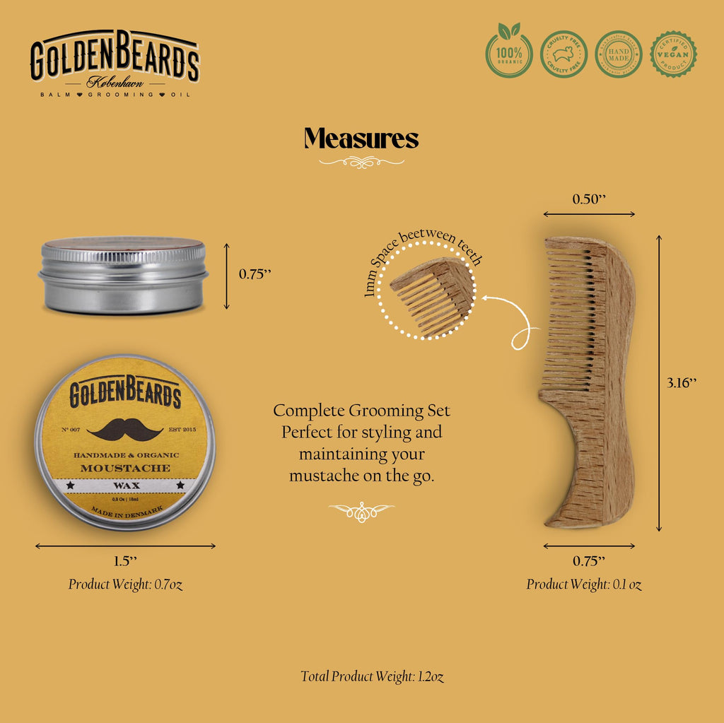 Golden Beards Moustache Wax & Eco Wood Vegan Comb Kit – Medium Hold Wax with Lime Scent & Eco Wood Comb 2.5 in – Handmade, Vegan, Cruelty-Free Moustache Styling Set
