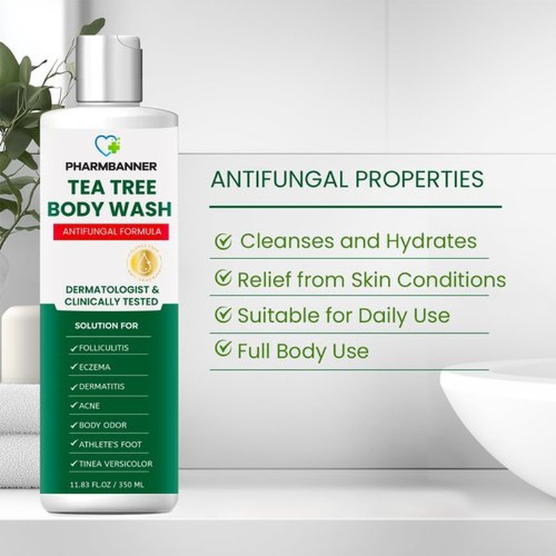 PHARMBANNER Tea Tree Antifungal Body Wash – Soothes Folliculitis, Acne, Jock Itch, Athlete’s Foot, Ringworm, Tinea Versicolor, Body Odor, Eczema & Dermatitis-Prone Skin