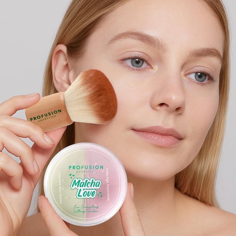 Profusion Cosmetics Matcha Love Duo | Weightless 2-in-1 Correcting Setting Powder & Kabuki Brush - Talc-Free, Revives Dull Skin
