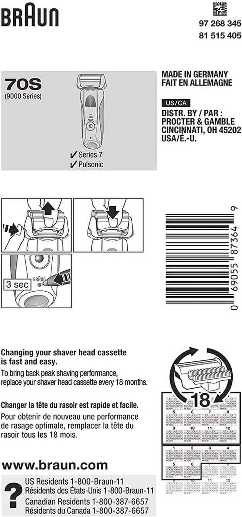 Braun Series 7 70S Replacement Cassette - Compatible with Pulsonic & 9000 Series | Pack of 2