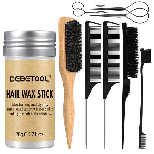 DEBETOOL 10-Piece Slick Back Hair Brush Set - Boar Bristle Hair Styling Tools Kit with Edge Brush & Wax Stick for Men Women, Kid