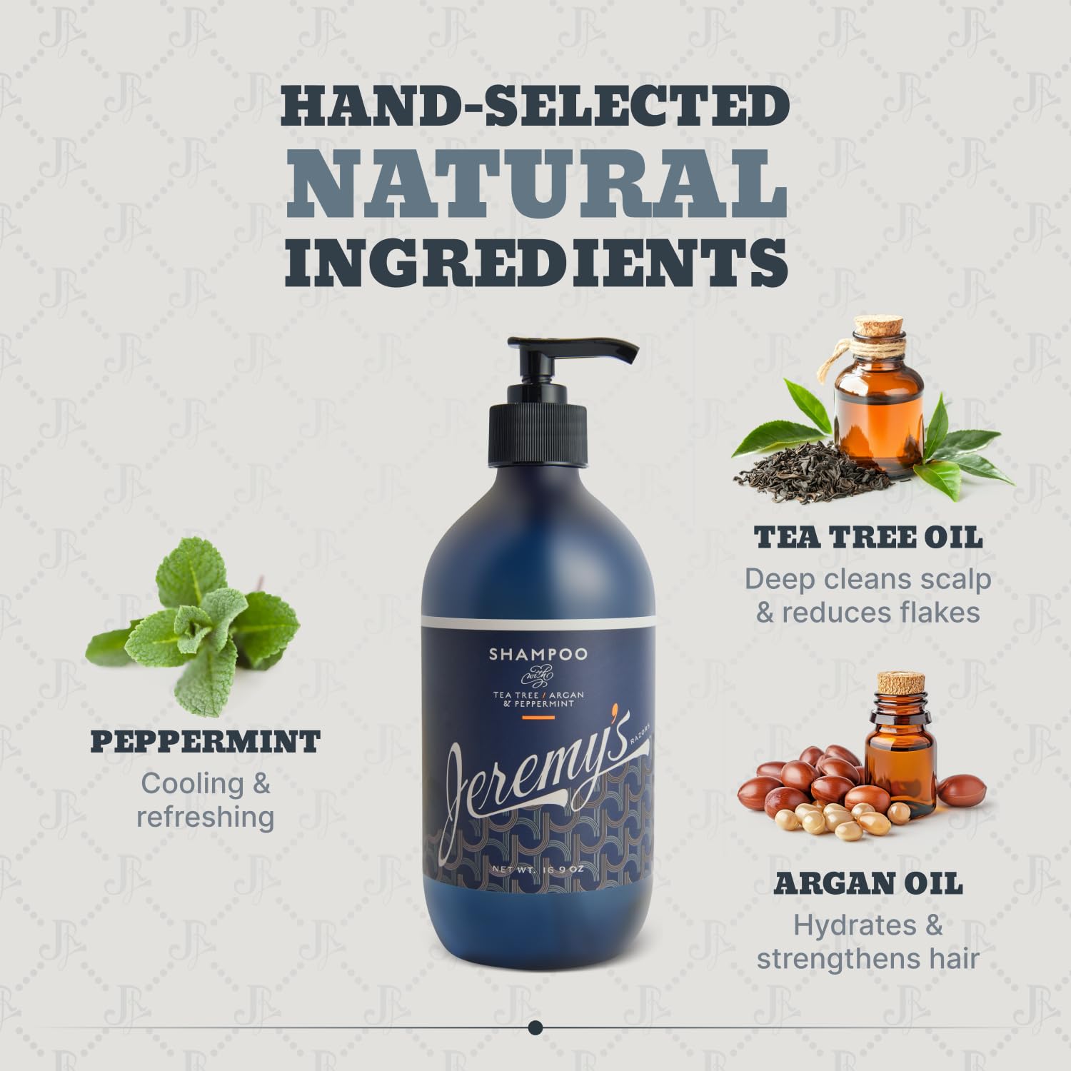 Jeremy's Razors Men's Shampoo - Natural Tea Tree Oil, Argan Oil, Mint - Sulfate Free, Volumizing, Anti Dandruff, Thickening, Clarifying, Dry Itchy Scalps, All Mens Hair Types (Made in USA 16.9 Fl Oz)