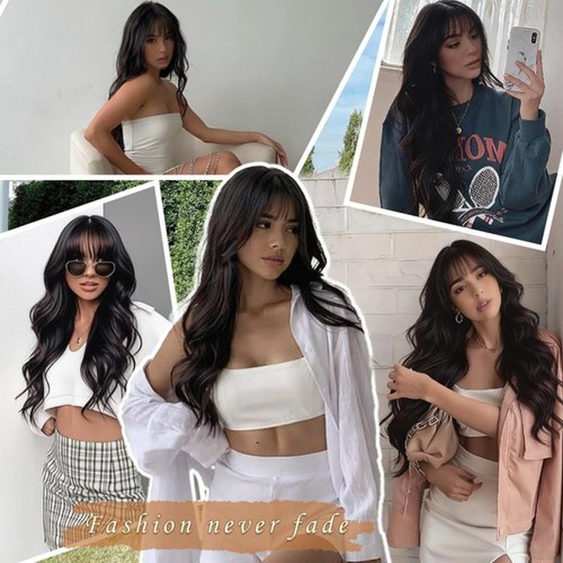 MINLEE Black Wig with Bangs for Women 26 Inch Long Wavy Wig Natural Black Hair Wigs Heat Resistant Synthetic Wig for Daily Party Use