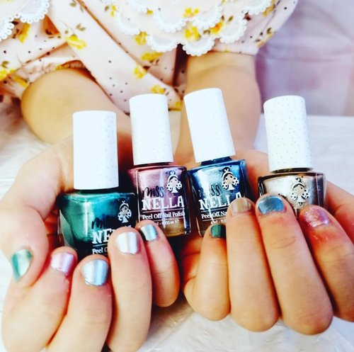 MISS NELLA DINO COLLECTION 4 Chrome nail polish set- Sweet-osaurus- coper, Diplodo-kiss- pink, Rawr-some - blue, Dino-rific- green, Peel Off kids Nail Polish