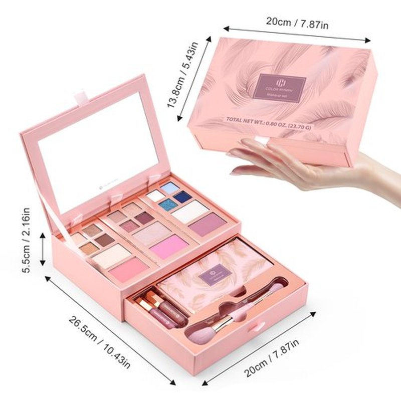 Color Nymph Small Makeup Palette Set for Face | Cosmetics Gift Set for Women & Girls | 12 Colors Eyeshadow, Blush, Highlighter, Contour Powder, Lip Gloss & Brush Kit | Travel-Friendly (Pink)