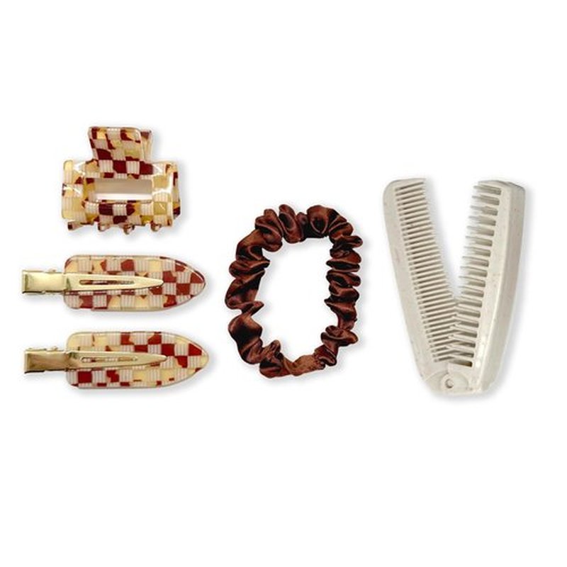 Bonks GoGo Kit - Hair Care Kit Espresso - Portable Hair Accessories Pouch for Women & Teens - Includes Mini Claw Clip, Seamless Hair Pins, Silky Hair Tie & Folding Comb - Compact Travel Essential