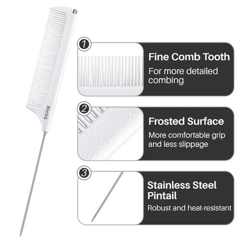 RHOS Carbon Retractable Rat Tail Parting Comb - Portable Fine Tooth Teasing Comb for Styling, Hair Cutting, Braiding with Stainless Steel Pin Tail - White
