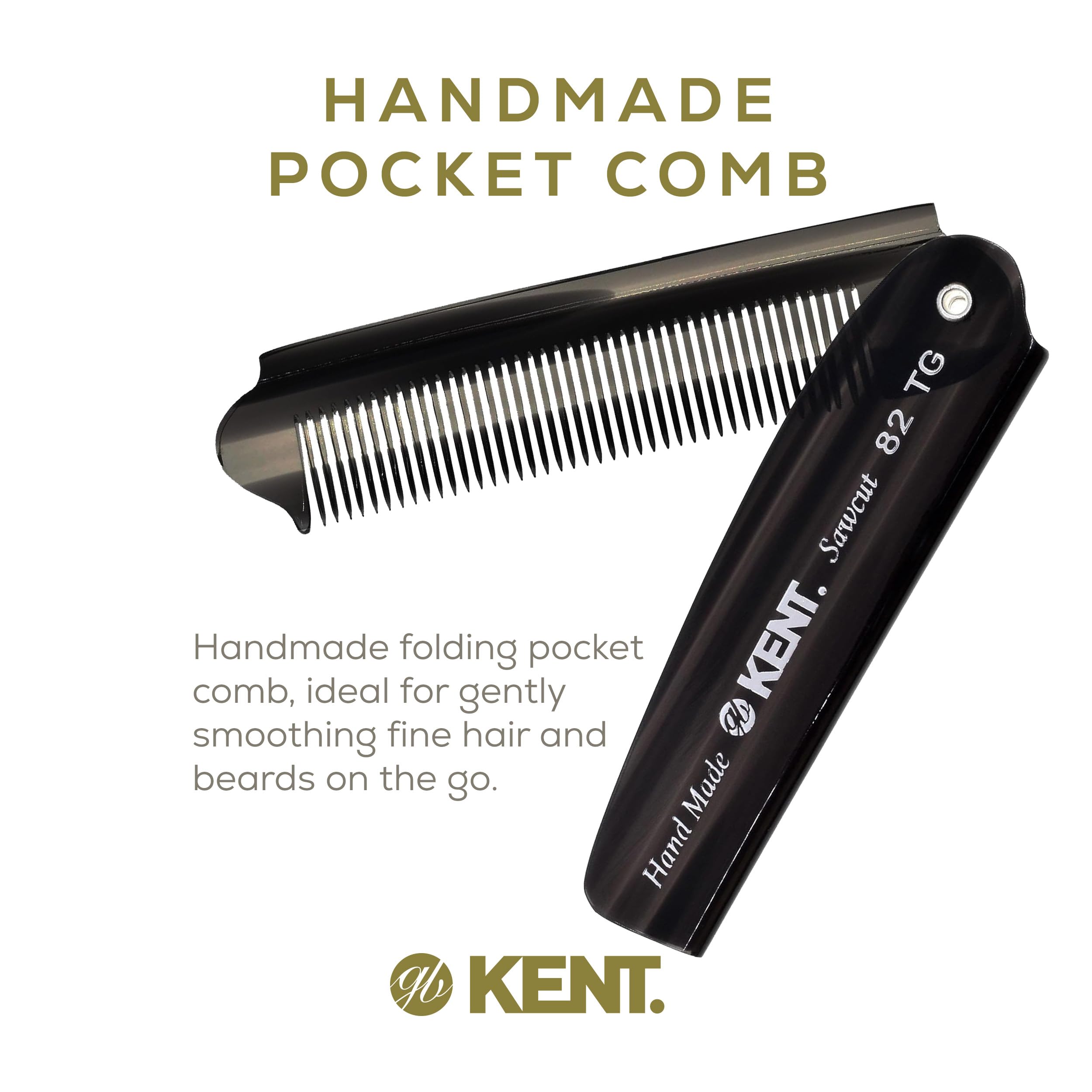 Kent 82T Black Graphite Folding Pocket Comb for Men, Fine Tooth Hair Comb Straightener for Everyday Grooming, Beard or Mustache, Use Dry or with Balms, Saw Cut Hand Polished, Made in England